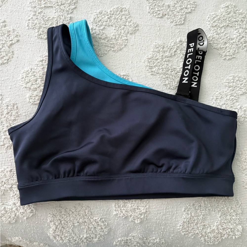 Peloton Women's Asymmetrical Sports Bra - Black and Blue Size Large